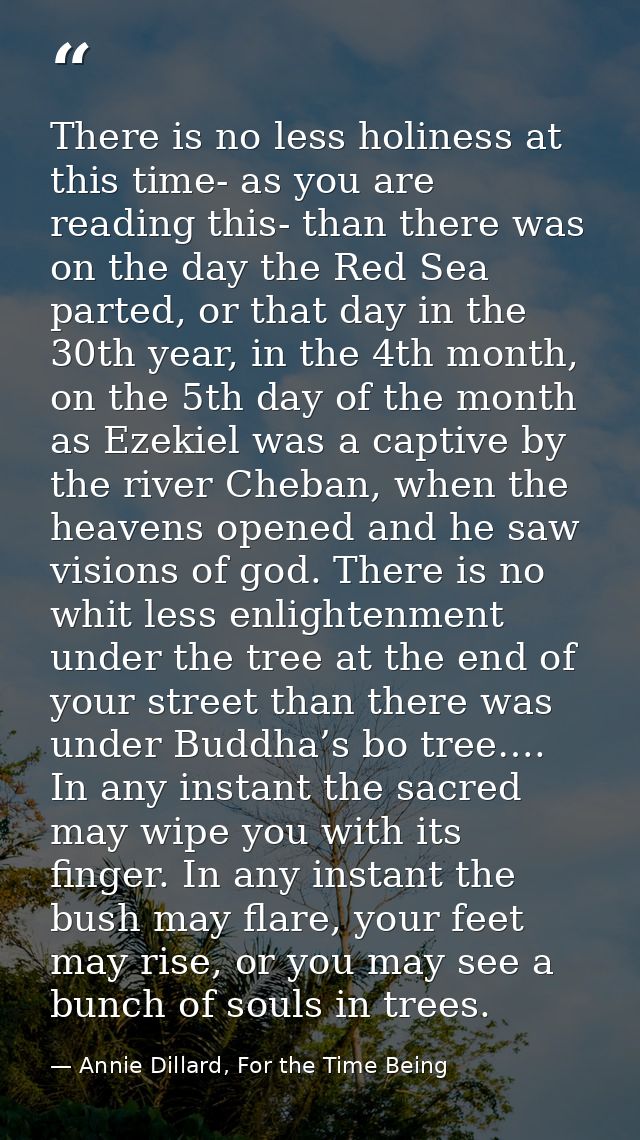 There is no less holiness at this time- as you are reading this- than there was on the day the Red Sea parted, or that d — Annie Dillard, For the Time Being