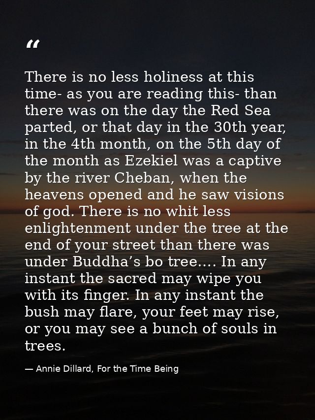 There is no less holiness at this time- as you are reading this- than there was on the day the Red Sea parted, or that d — Annie Dillard, For the Time Being