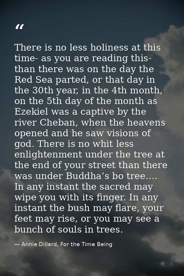 There is no less holiness at this time- as you are reading this- than there was on the day the Red Sea parted, or that d — Annie Dillard, For the Time Being