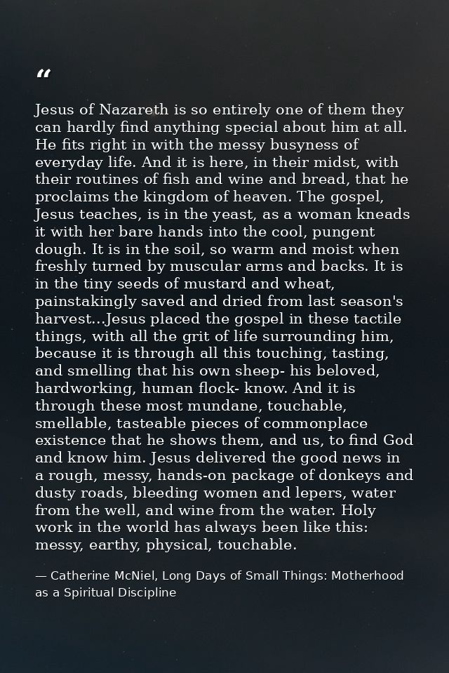 Jesus of Nazareth is so entirely one of them they can hardly find anything special about him at all. He fits right in wi — Catherine McNiel, Long Days of Small Things: Motherhood as a Spiritual Discipline