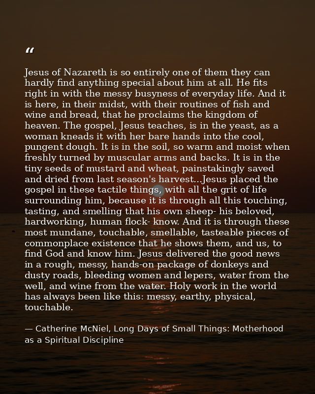 Jesus of Nazareth is so entirely one of them they can hardly find anything special about him at all. He fits right in wi — Catherine McNiel, Long Days of Small Things: Motherhood as a Spiritual Discipline