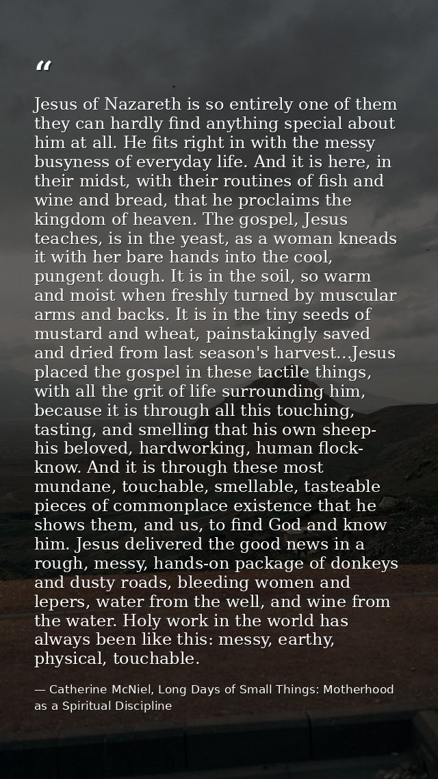 Jesus of Nazareth is so entirely one of them they can hardly find anything special about him at all. He fits right in wi — Catherine McNiel, Long Days of Small Things: Motherhood as a Spiritual Discipline
