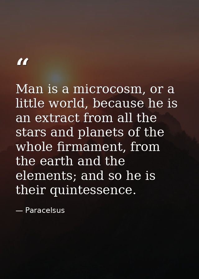 Man is a microcosm, or a little world, because he is an extract from all the stars and planets of the whole firmament, f — Paracelsus