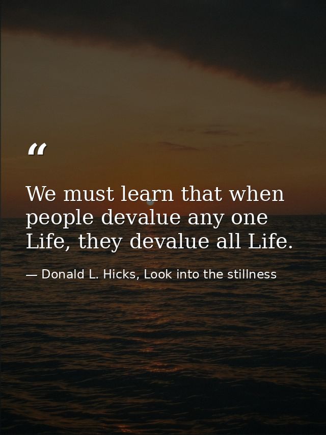 We must learn that when people devalue any one Life, they devalue all Life. — Donald L. Hicks, Look into the stillness