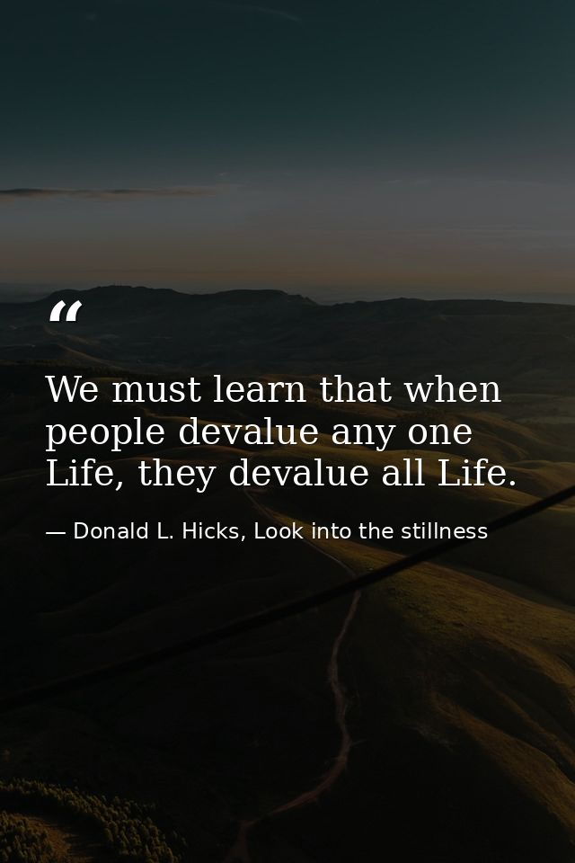 We must learn that when people devalue any one Life, they devalue all Life. — Donald L. Hicks, Look into the stillness
