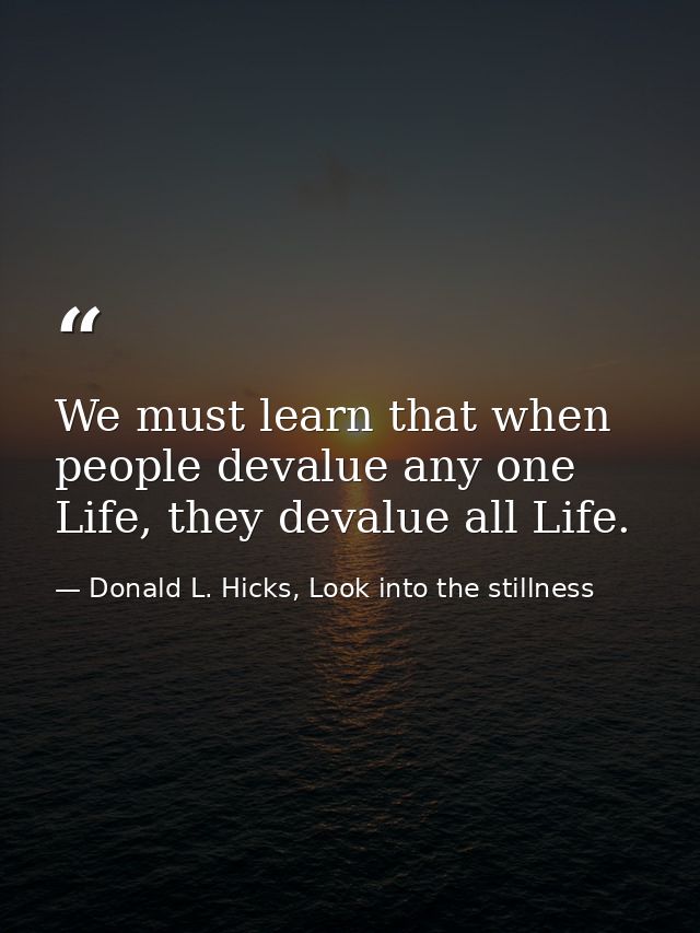 We must learn that when people devalue any one Life, they devalue all Life. — Donald L. Hicks, Look into the stillness