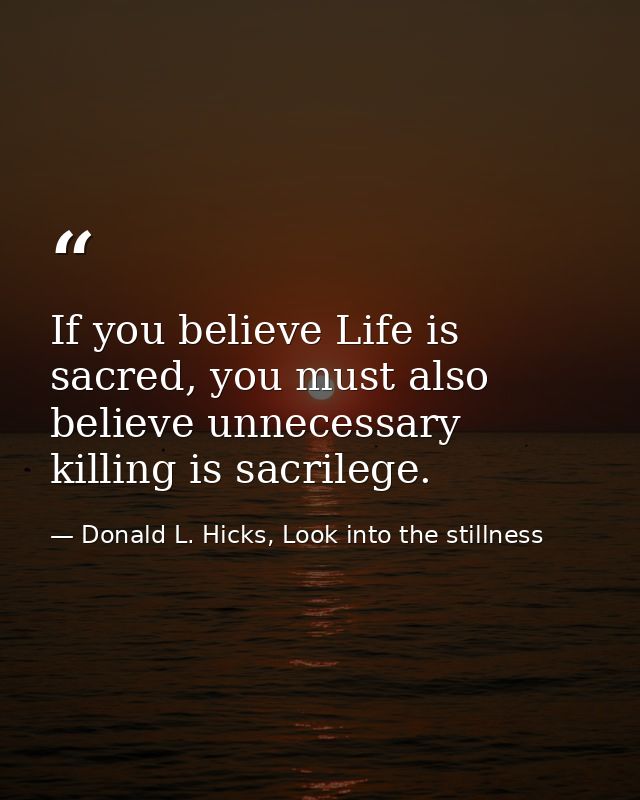 If you believe Life is sacred, you must also believe unnecessary killing is sacrilege. — Donald L. Hicks, Look into the stillness