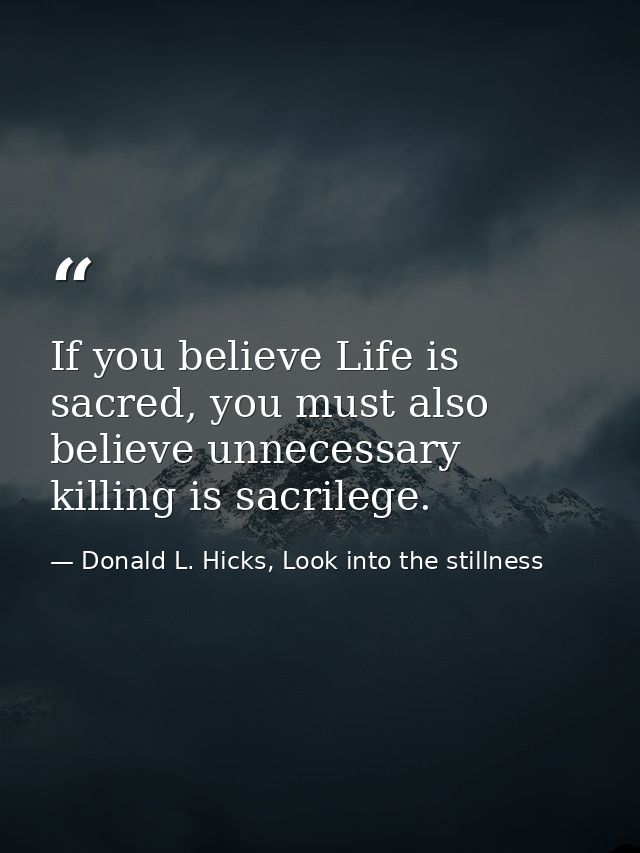 If you believe Life is sacred, you must also believe unnecessary killing is sacrilege. — Donald L. Hicks, Look into the stillness