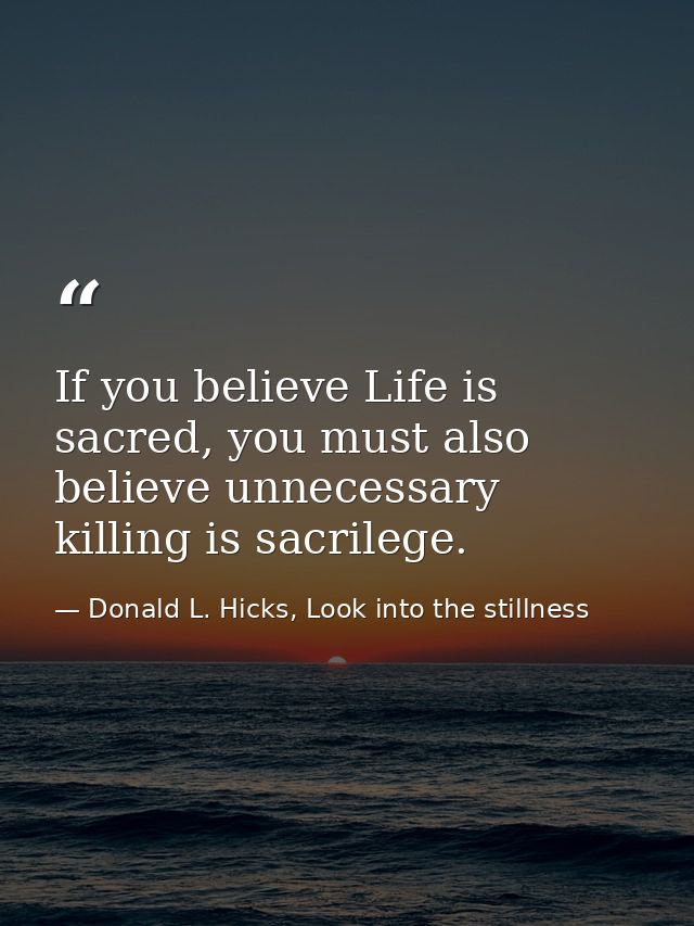 If you believe Life is sacred, you must also believe unnecessary killing is sacrilege. — Donald L. Hicks, Look into the stillness