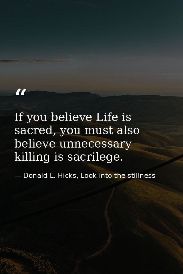 If you believe Life is sacred, you must also believe unnecessary killing is sacrilege. — Donald L. Hicks, Look into the stillness