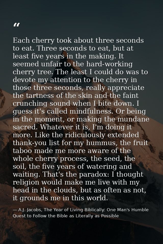 Each cherry took about three seconds to eat. Three seconds to eat, but at least five years in the making. It seemed unfa — A.J. Jacobs, The Year of Living Biblically: One Man's Humble Quest to Follow the Bible as Literally as Possible