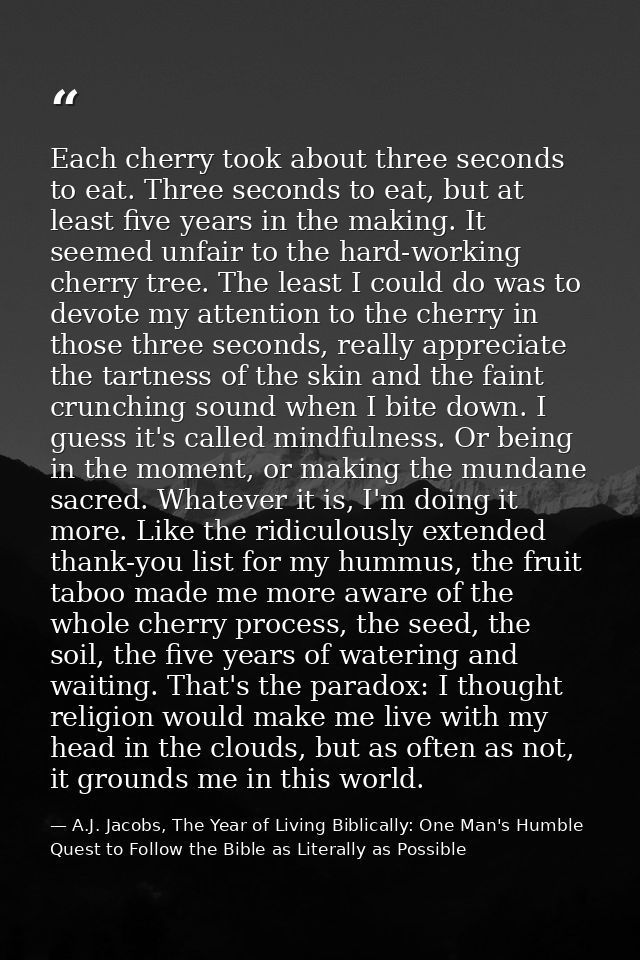 Each cherry took about three seconds to eat. Three seconds to eat, but at least five years in the making. It seemed unfa — A.J. Jacobs, The Year of Living Biblically: One Man's Humble Quest to Follow the Bible as Literally as Possible