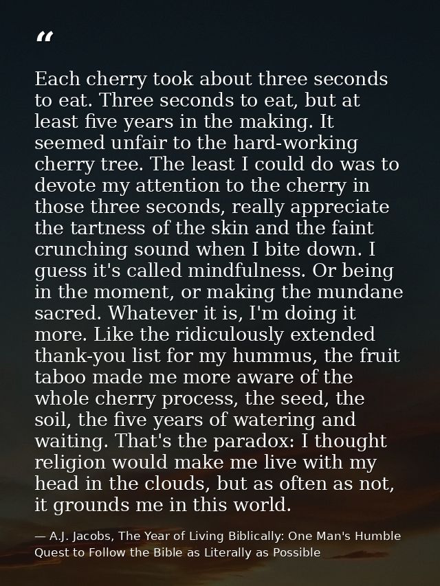 Each cherry took about three seconds to eat. Three seconds to eat, but at least five years in the making. It seemed unfa — A.J. Jacobs, The Year of Living Biblically: One Man's Humble Quest to Follow the Bible as Literally as Possible