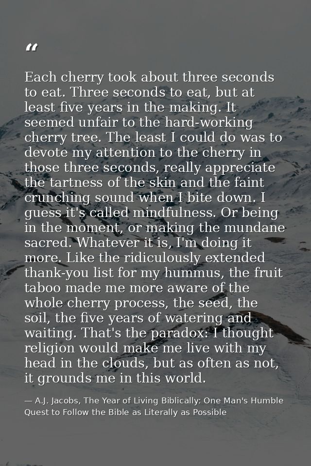 Each cherry took about three seconds to eat. Three seconds to eat, but at least five years in the making. It seemed unfa — A.J. Jacobs, The Year of Living Biblically: One Man's Humble Quest to Follow the Bible as Literally as Possible