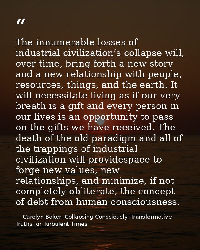 The innumerable losses of industrial civilization’s collapse will, over time, bring forth a new story and a new relation — Carolyn Baker, Collapsing Consciously: Transformative Truths for Turbulent Times
