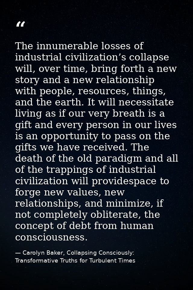 The innumerable losses of industrial civilization’s collapse will, over time, bring forth a new story and a new relation — Carolyn Baker, Collapsing Consciously: Transformative Truths for Turbulent Times