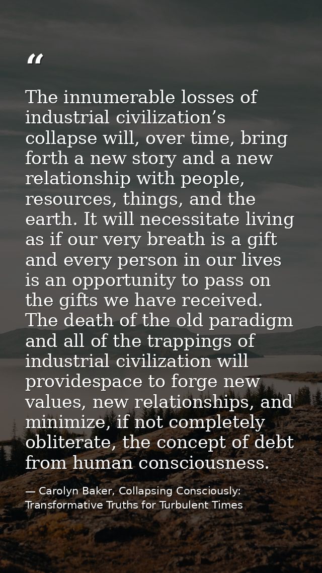 The innumerable losses of industrial civilization’s collapse will, over time, bring forth a new story and a new relation — Carolyn Baker, Collapsing Consciously: Transformative Truths for Turbulent Times