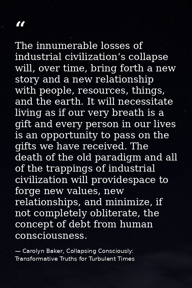 The innumerable losses of industrial civilization’s collapse will, over time, bring forth a new story and a new relation — Carolyn Baker, Collapsing Consciously: Transformative Truths for Turbulent Times