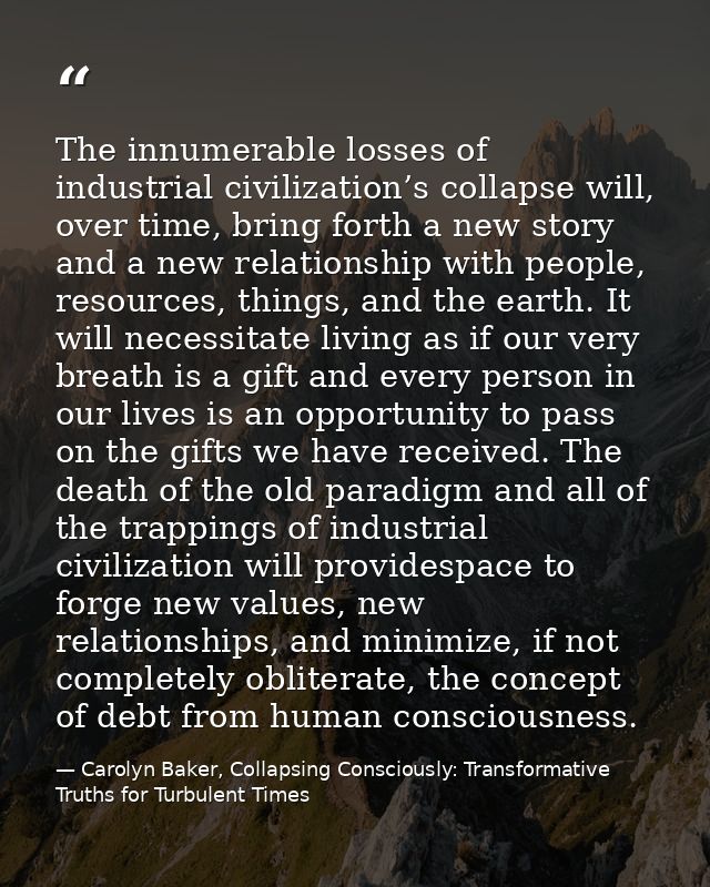 The innumerable losses of industrial civilization’s collapse will, over time, bring forth a new story and a new relation — Carolyn Baker, Collapsing Consciously: Transformative Truths for Turbulent Times