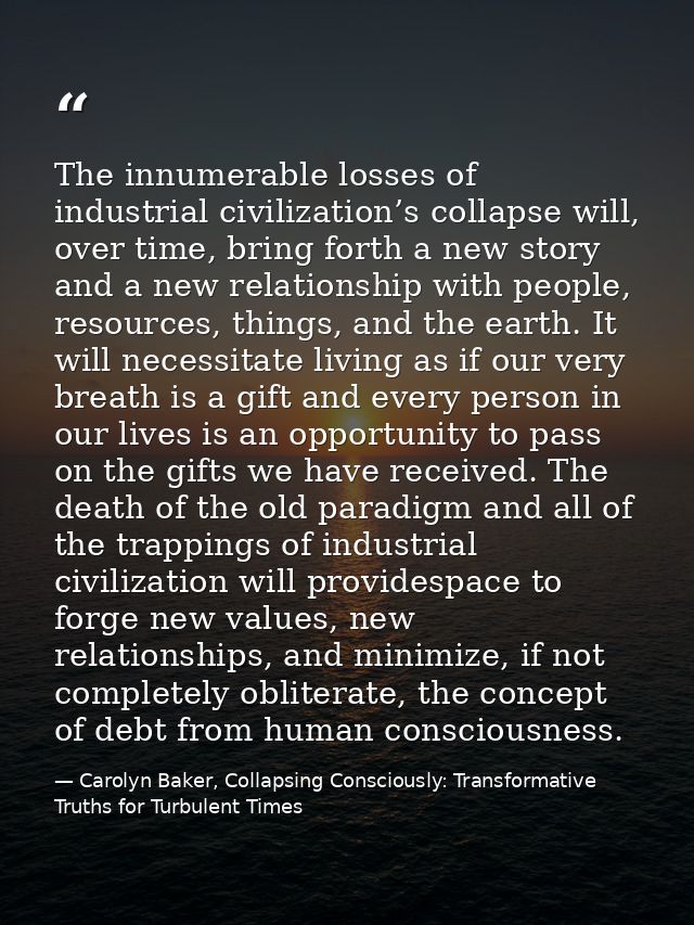 The innumerable losses of industrial civilization’s collapse will, over time, bring forth a new story and a new relation — Carolyn Baker, Collapsing Consciously: Transformative Truths for Turbulent Times