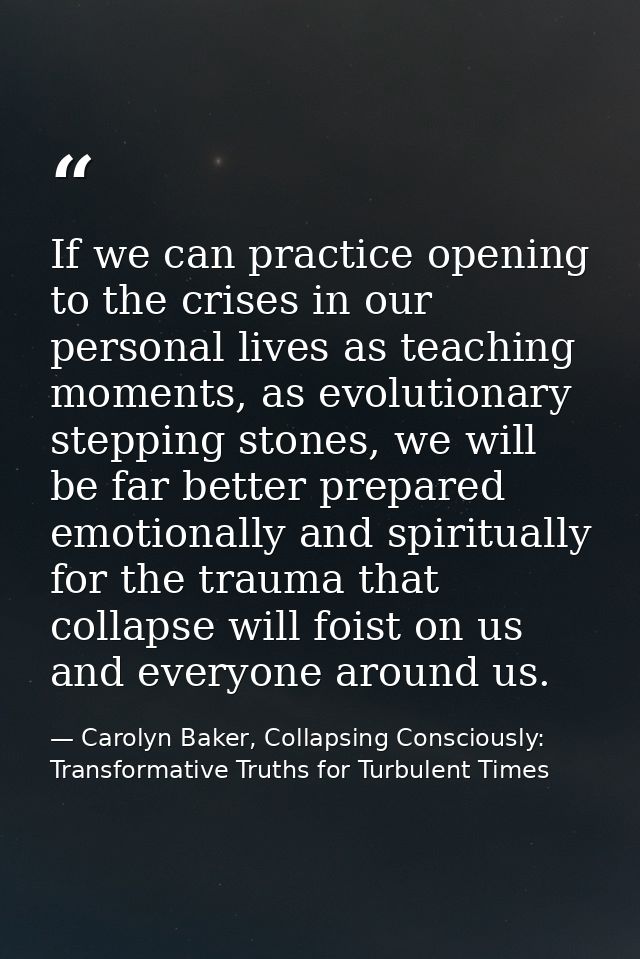 If we can practice opening to the crises in our personal lives as teaching moments, as evolutionary stepping stones, we  — Carolyn Baker, Collapsing Consciously: Transformative Truths for Turbulent Times