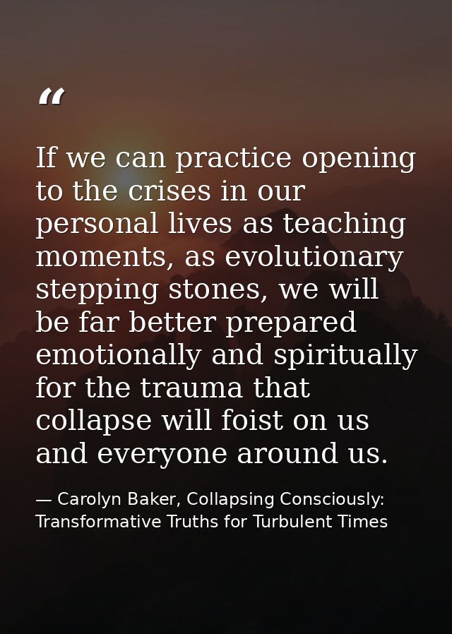 If we can practice opening to the crises in our personal lives as teaching moments, as evolutionary stepping stones, we  — Carolyn Baker, Collapsing Consciously: Transformative Truths for Turbulent Times