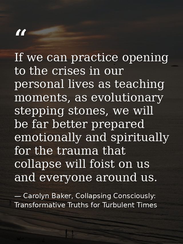 If we can practice opening to the crises in our personal lives as teaching moments, as evolutionary stepping stones, we  — Carolyn Baker, Collapsing Consciously: Transformative Truths for Turbulent Times