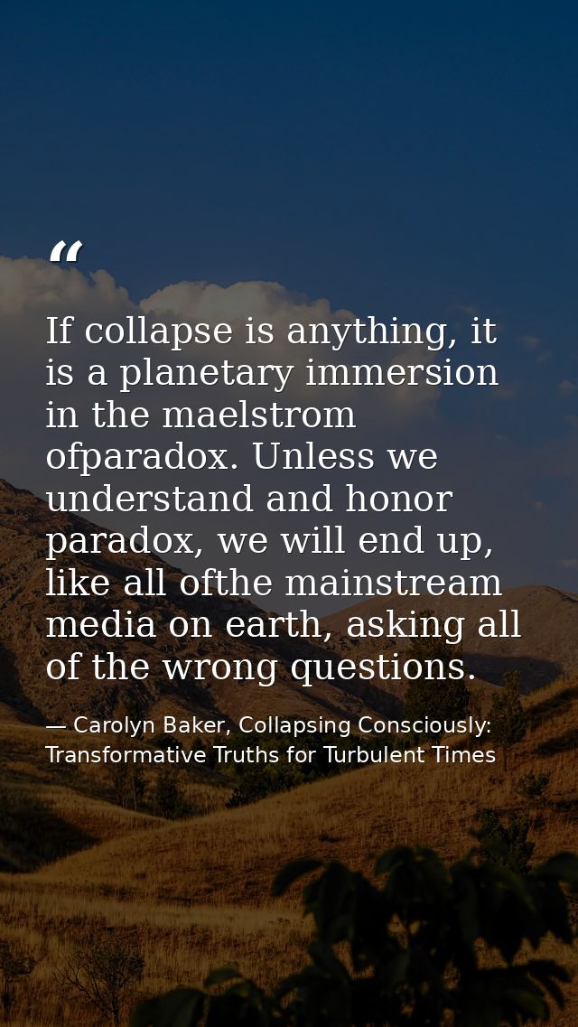 If collapse is anything, it is a planetary immersion in the maelstrom ofparadox. Unless we understand and honor paradox, — Carolyn Baker, Collapsing Consciously: Transformative Truths for Turbulent Times