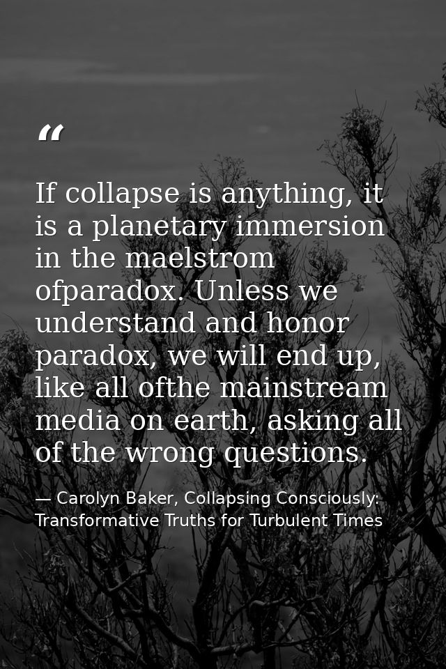 If collapse is anything, it is a planetary immersion in the maelstrom ofparadox. Unless we understand and honor paradox, — Carolyn Baker, Collapsing Consciously: Transformative Truths for Turbulent Times