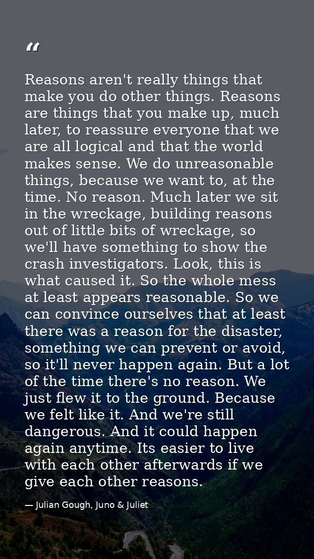 Reasons aren't really things that make you do other things. Reasons are things that you make up, much later, to reassure — Julian Gough, Juno & Juliet