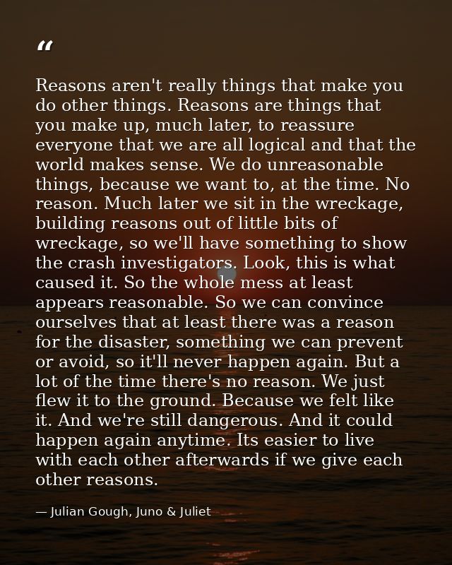 Reasons aren't really things that make you do other things. Reasons are things that you make up, much later, to reassure — Julian Gough, Juno & Juliet