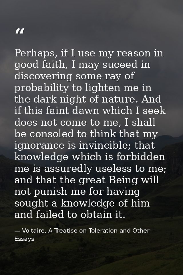 Perhaps, if I use my reason in good faith, I may suceed in discovering some ray of probability to lighten me in the dark — Voltaire, A Treatise on Toleration and Other Essays