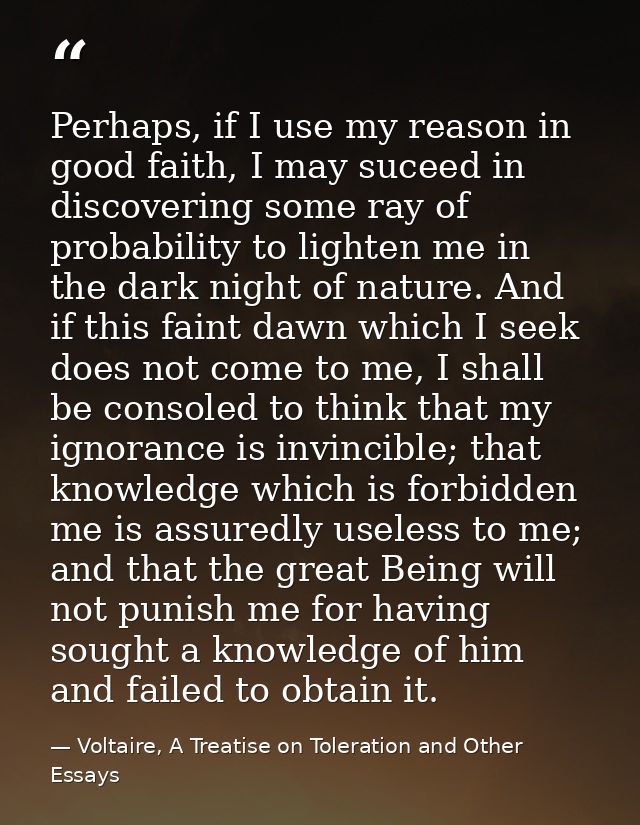 Perhaps, if I use my reason in good faith, I may suceed in discovering some ray of probability to lighten me in the dark — Voltaire, A Treatise on Toleration and Other Essays