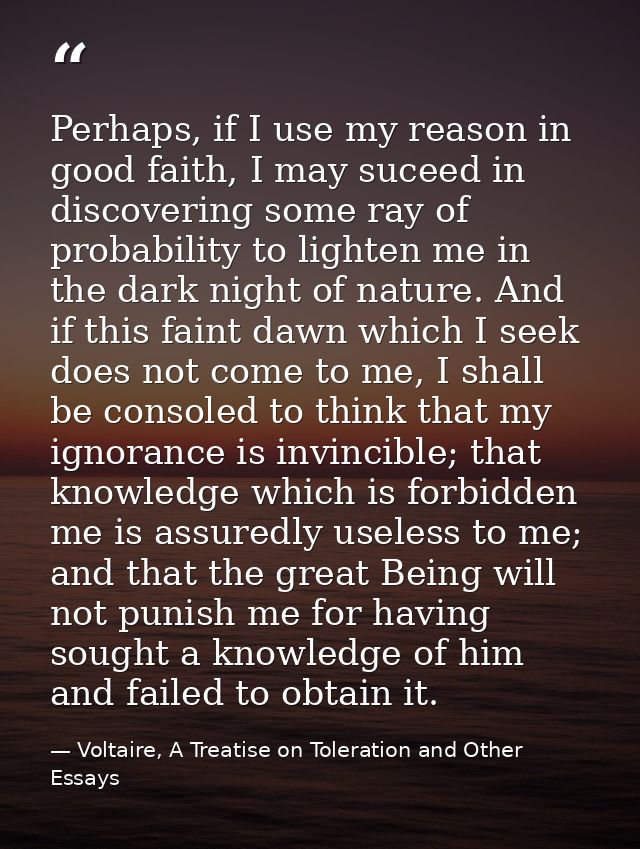 Perhaps, if I use my reason in good faith, I may suceed in discovering some ray of probability to lighten me in the dark — Voltaire, A Treatise on Toleration and Other Essays