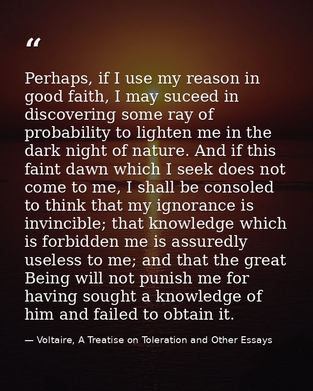 Perhaps, if I use my reason in good faith, I may suceed in discovering some ray of probability to lighten me in the dark — Voltaire, A Treatise on Toleration and Other Essays