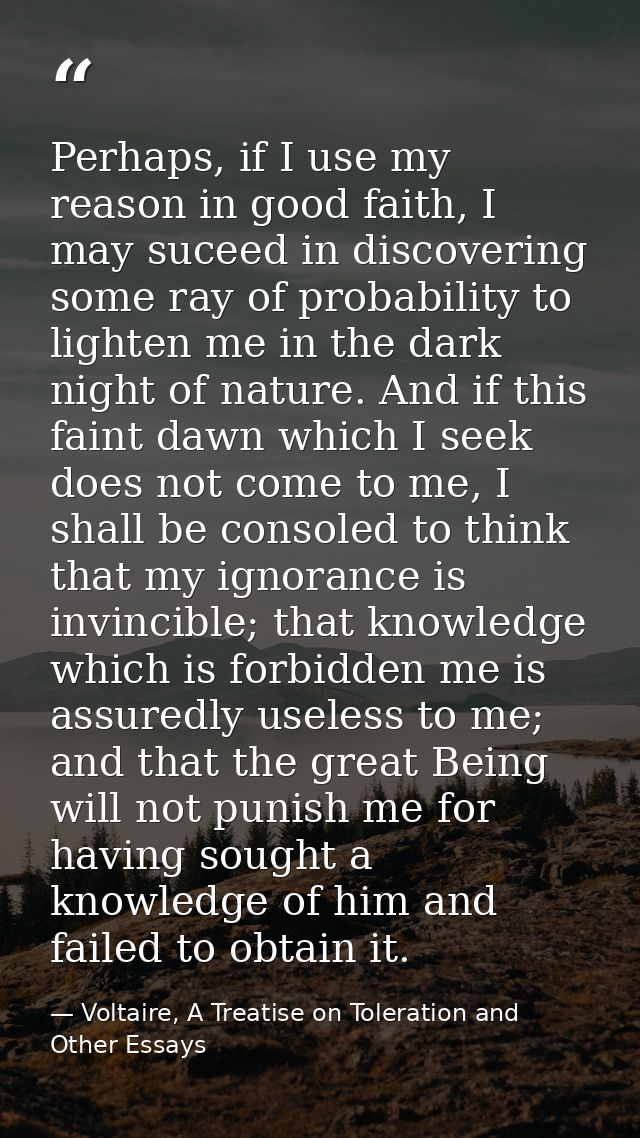 Perhaps, if I use my reason in good faith, I may suceed in discovering some ray of probability to lighten me in the dark — Voltaire, A Treatise on Toleration and Other Essays