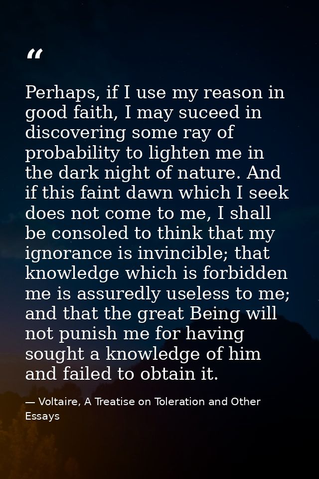 Perhaps, if I use my reason in good faith, I may suceed in discovering some ray of probability to lighten me in the dark — Voltaire, A Treatise on Toleration and Other Essays