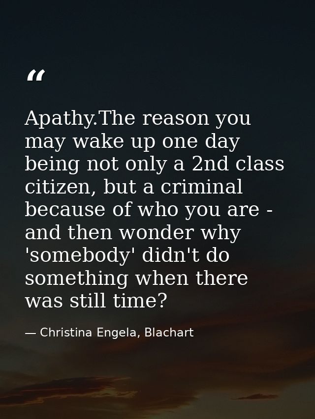 Apathy.The reason you may wake up one day being not only a 2nd class citizen, but a criminal because of who you are - an — Christina Engela, Blachart