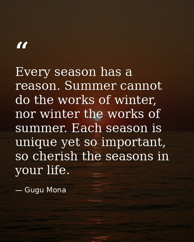 Every season has a reason. Summer cannot do the works of winter, nor winter the works of summer. Each season is unique y — Gugu Mona