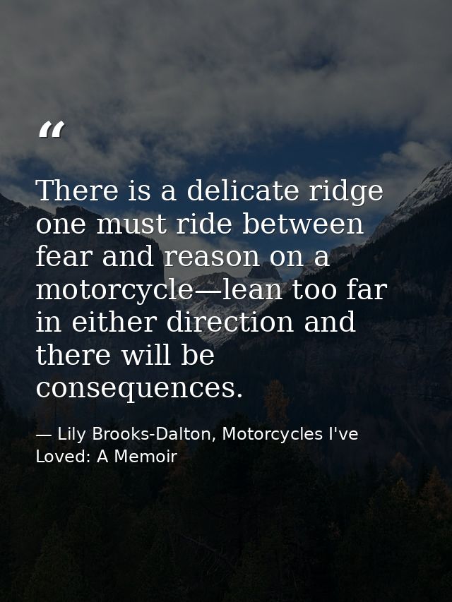 There is a delicate ridge one must ride between fear and reason on a motorcycle—lean too far in either direction and the — Lily Brooks-Dalton, Motorcycles I've Loved: A Memoir