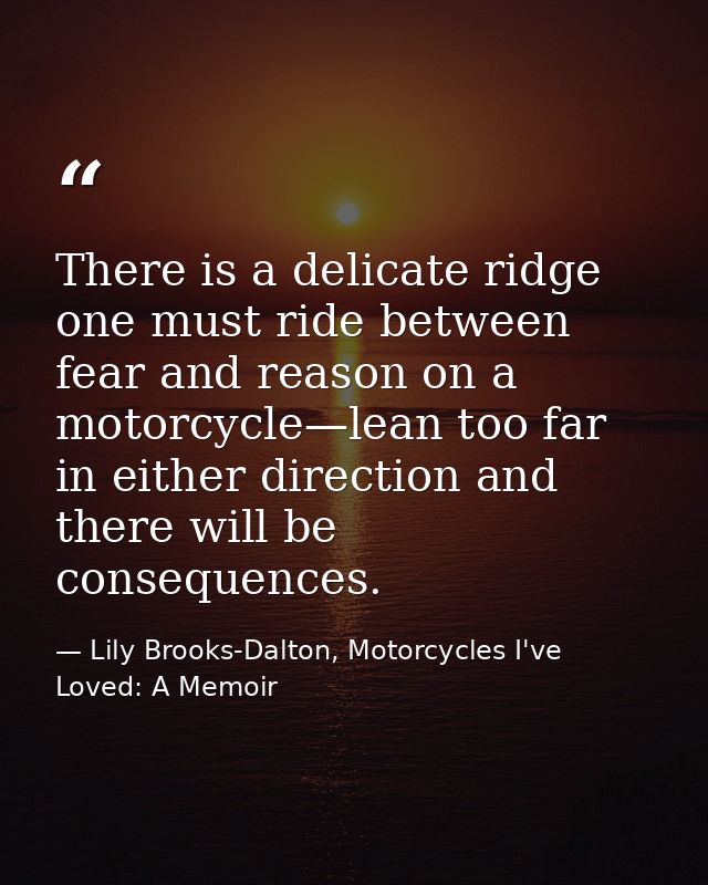 There is a delicate ridge one must ride between fear and reason on a motorcycle—lean too far in either direction and the — Lily Brooks-Dalton, Motorcycles I've Loved: A Memoir