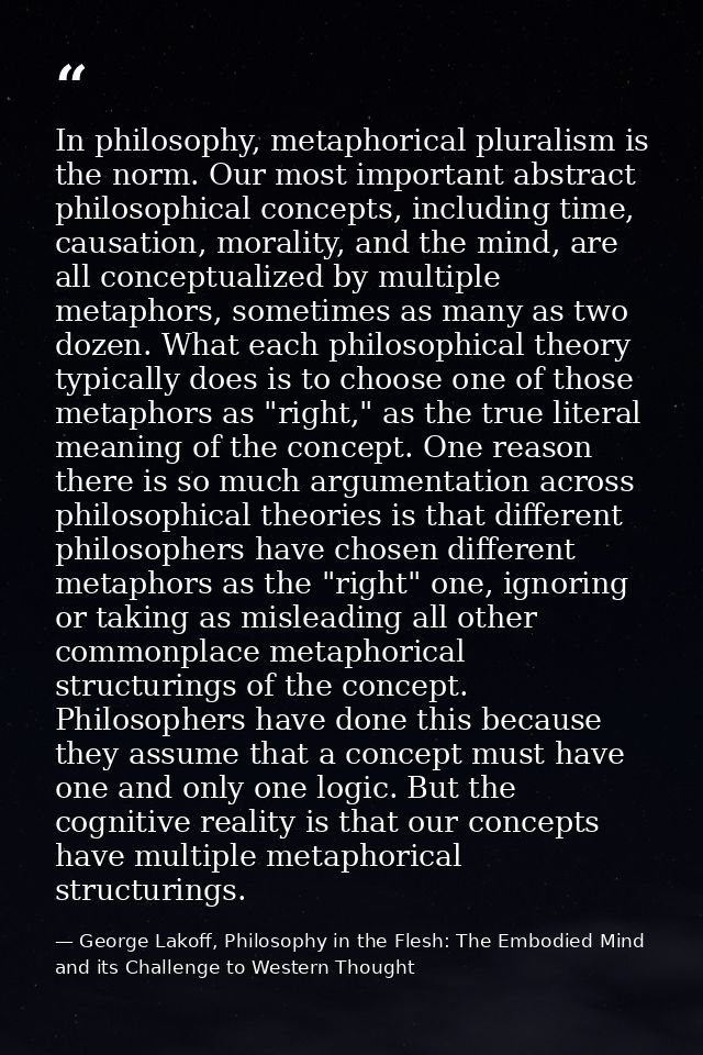 In philosophy, metaphorical pluralism is the norm. Our most important abstract philosophical concepts, including time, c — George Lakoff, Philosophy in the Flesh: The Embodied Mind and its Challenge to Western Thought