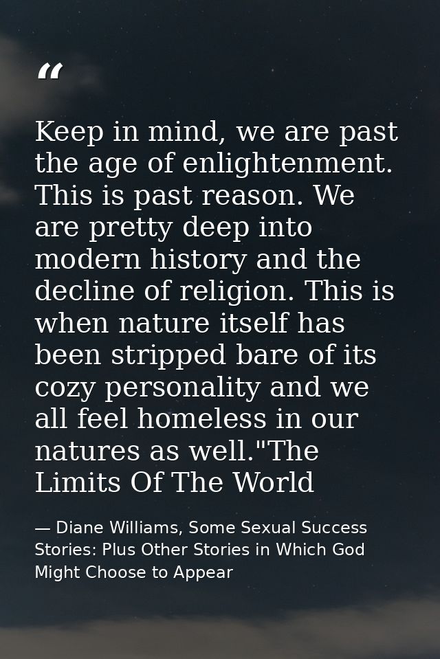 Keep in mind, we are past the age of enlightenment. This is past reason. We are pretty deep into modern history and the  — Diane Williams, Some Sexual Success Stories: Plus Other Stories in Which God Might Choose to Appear