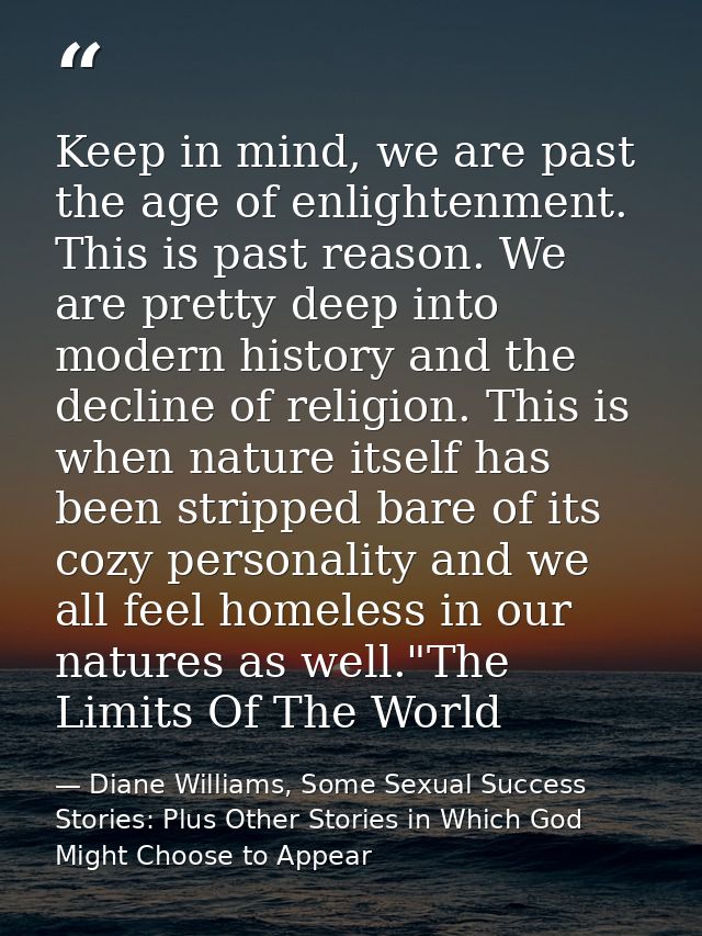 Keep in mind, we are past the age of enlightenment. This is past reason. We are pretty deep into modern history and the  — Diane Williams, Some Sexual Success Stories: Plus Other Stories in Which God Might Choose to Appear