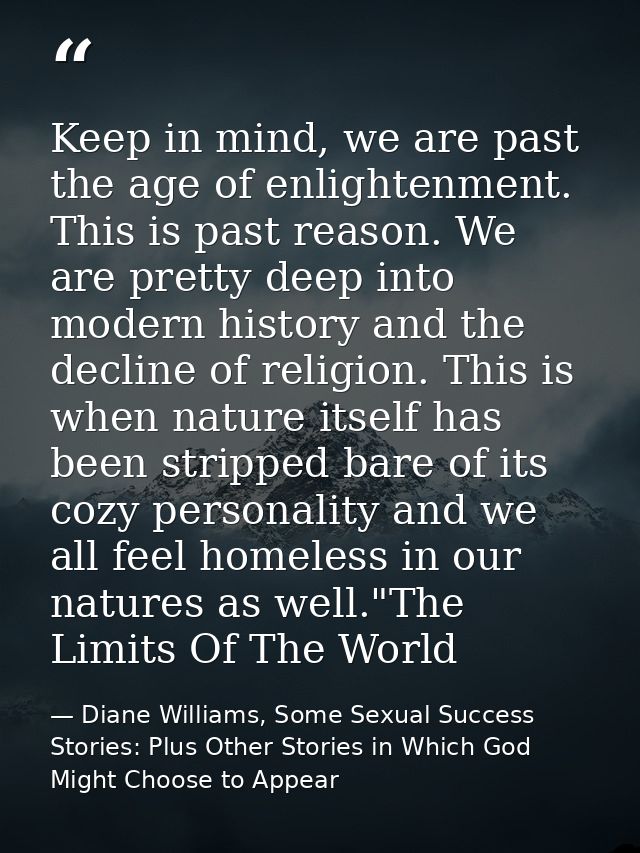 Keep in mind, we are past the age of enlightenment. This is past reason. We are pretty deep into modern history and the  — Diane Williams, Some Sexual Success Stories: Plus Other Stories in Which God Might Choose to Appear