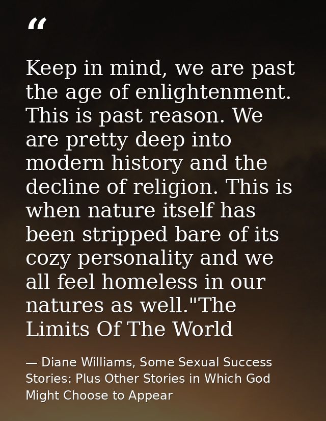 Keep in mind, we are past the age of enlightenment. This is past reason. We are pretty deep into modern history and the  — Diane Williams, Some Sexual Success Stories: Plus Other Stories in Which God Might Choose to Appear