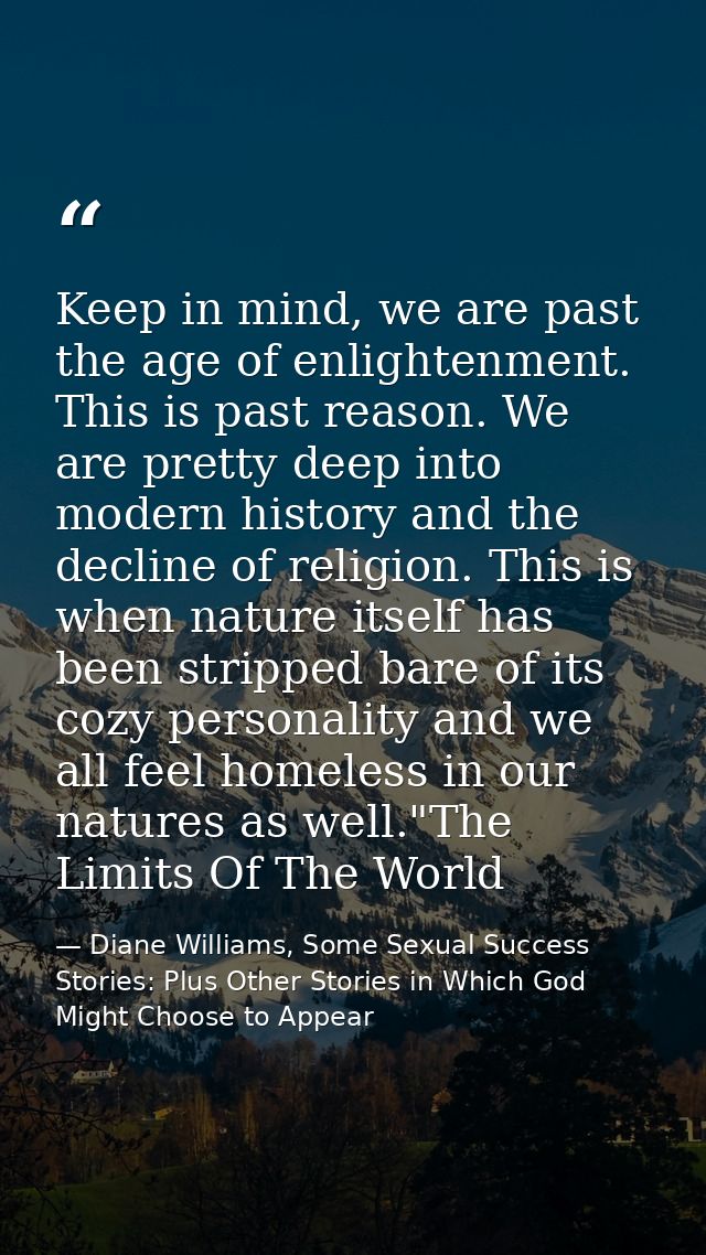 Keep in mind, we are past the age of enlightenment. This is past reason. We are pretty deep into modern history and the  — Diane Williams, Some Sexual Success Stories: Plus Other Stories in Which God Might Choose to Appear