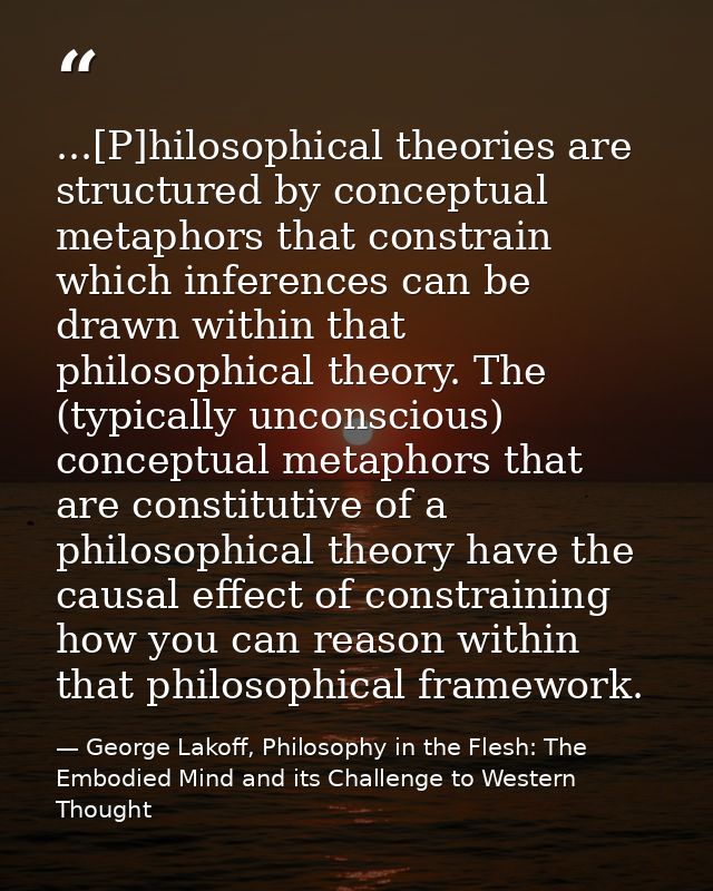 ...[P]hilosophical theories are structured by conceptual metaphors that constrain which inferences can be drawn within t — George Lakoff, Philosophy in the Flesh: The Embodied Mind and its Challenge to Western Thought