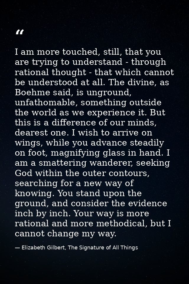 I am more touched, still, that you are trying to understand - through rational thought - that which cannot be understood — Elizabeth Gilbert, The Signature of All Things