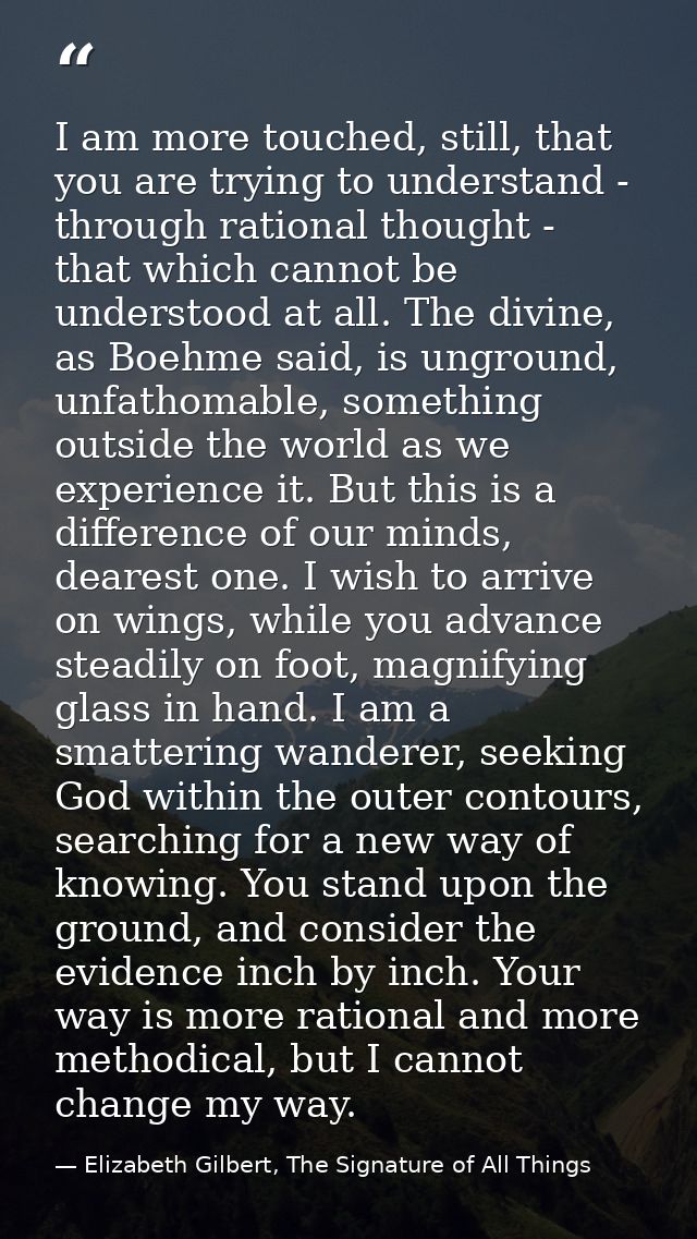 I am more touched, still, that you are trying to understand - through rational thought - that which cannot be understood — Elizabeth Gilbert, The Signature of All Things